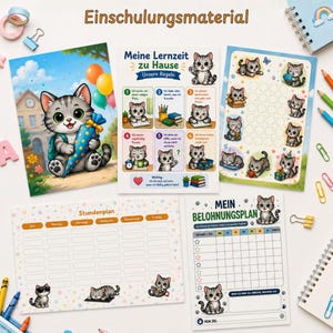 Op de afbeelding: Een set educatief briefpapier met kattenillustraties, inclusief een poster met de tekst Einschulungsmaterial, een Meine Lernzeit zu Hause regelschema, een beloningskaart, een weekrooster en een stickervel met diverse kattenafbeeldingen.