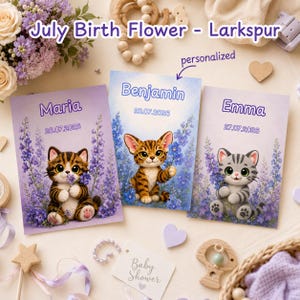 Personalized July Birth Flower Poster, Larkspur Baby Name Print,  Custom Nursery Wall Art, Cute Cat Birth Print, Newborn Gift