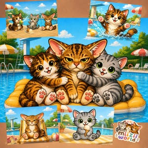 Summer Pool Cat Print Set, Cute Kitten Wall Art Bundle, Kawaii Beach Decor, Swimming Collection, Kids Room Art Cozy Cat | Digital Download
