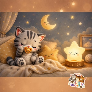 Sleepy Kitten Nursery Print | Moon & Stars Baby Room Decor | Cute Kawaii Cat Wall Art | Digital Download