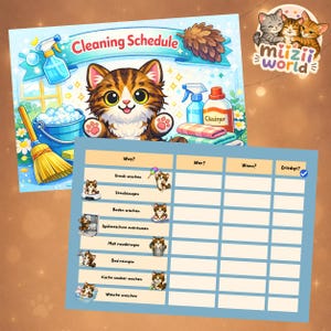Könnte beinhalten: Ein farbenfroher Reinigungsplan mit einer Cartoon-Katze. Der Plan enthält Abschnitte für Aufgaben wie Staubwischen, Staubsaugen und Geschirrspülen. Die Worte "Cleaning Schedule" stehen oben, und der Markenname "miizii world" befindet sich oben rechts.