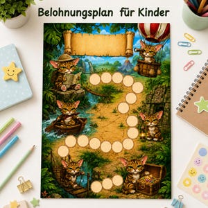 May include: A reward chart titled Belohnungsplan für Kinder featuring a jungle theme with illustrations of tabby cats in various explorer roles, including a hot air balloon, a boat, and a treasure chest, with blank circular spaces for tracking progress.