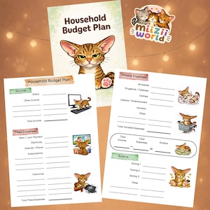 Könnte beinhalten: Ein Haushaltsbudgetplan mit einer Cartoon-Katzen-Illustration. Der Plan enthält Abschnitte für Einnahmen, Fixkosten und variable Ausgaben. Der Text "Household Budget Plan" steht oben. Ein "miizii world"-Aufkleber mit Katzenillustrationen ist ebenfalls vorhanden.