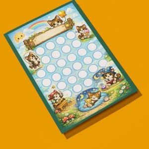 Könnte beinhalten: Ein farbenfrohes Spielbrett mit Cartoon-Kätzchen in verschiedenen Szenen. Das Brett hat einen blauen Hintergrund mit weißen Kreisen, einem Regenbogen und einer Sonne. Kätzchen werden mit einem Stern, Eis, einem Piratenhut und einem Zaubererhut dargestellt.