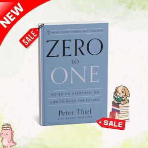 May include: A hardcover book titled "ZERO TO ONE" by Peter Thiel, with the text "NEW YORK TIMES BESTSELLER." The book is light blue with white text. A red "SALE" tag hangs from the book. A "NEW" banner is in the upper left corner.