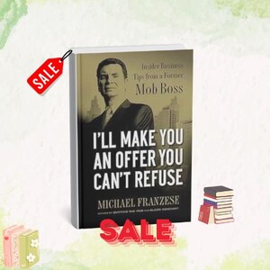以下が含まれることがあります： マイケル・フランゼーゼ著の「I'll Make You an Offer You Can't Refuse」というタイトルの本。表紙にはスーツ姿の男性と「Insider Business Tips from a Former Mob Boss」という文字が描かれています。赤い「SALE」タグが付いています。