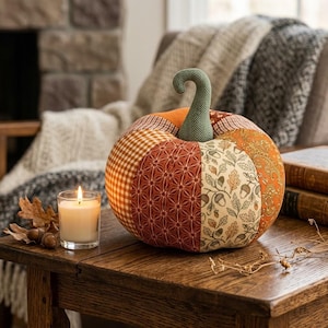 May include: A fabric pumpkin decoration featuring vertical panels of various autumn-themed patterns, including orange gingham, geometric rust prints, cream fabric with brown acorns and leaves, and orange paisley, topped with a green herringbone stem.