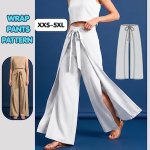 Puede incluir: Un patrón de costura para pantalones cruzados con el texto WRAP PANTS PATTERN y XXS-5XL. El diseño presenta pantalones de pierna ancha con cierre de lazo frontal y aberturas laterales, en blanco y beige, incluyendo un dibujo técnico de la prenda.
