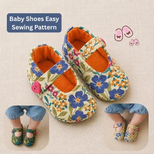 May include: A pair of baby shoes featuring a cream fabric with a blue, orange, and green floral pattern, orange lining, and a pink heart-shaped button on the strap. The text Baby Shoes Easy Sewing Pattern is visible in a dark blue box.