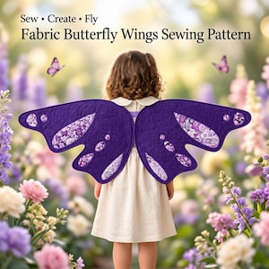 May include: Sew • Create • Fly Fabric Butterfly Wings Sewing Pattern. A pair of quilted purple fabric butterfly wings featuring intricate floral patterned cutouts in shades of purple and white, worn over a plain cream-colored dress.