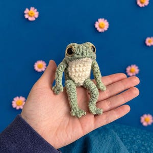 May include: A small, handmade crochet frog toy featuring a textured sage green body, a cream-colored belly, and large, dark brown plastic safety eyes. The frog is depicted in a seated position with articulated limbs and detailed webbed feet.