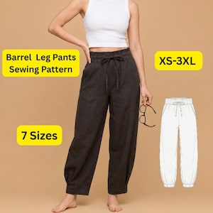 May include: Barrel Leg Pants Sewing Pattern, XS-3XL, 7 Sizes. Dark charcoal gray barrel leg pants with an elasticized drawstring waist and side pockets. A white line drawing of the pants is shown on the right side of the image for reference.