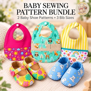 May include: A baby sewing pattern bundle featuring three bibs and two pairs of baby shoes. The bibs include a pink sun print, a teal woodland animal print, and a yellow striped floral print. The shoes feature a yellow fruit print and a blue bear print.