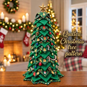 May include: A decorative tabletop Christmas tree made of layered green fabric triangles with a quilted texture. The fabric features a festive print of gingerbread men, trees, and stars. Small ornaments, bells, and candy canes are attached throughout.