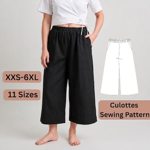 May include: Black wide-leg culottes with an elastic waistband and side pockets. The image includes text stating XXS-6XL, 11 Sizes, and Culottes Sewing Pattern, alongside a white line drawing illustration of the garment design.