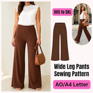 May include: A sewing pattern for wide leg pants, featuring a high-waisted design with a V-shaped front seam. The image displays brown ribbed trousers, a white lace sleeveless top, and a brown shoulder bag, with text indicating sizes XXS to 5XL.
