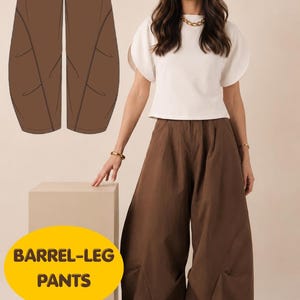 Naaipatroon voor een wijde broek (Barrel Pants) in PDF-formaat, damesbroek met wijde pijpen en zakken, beginnersvriendelijke instructies, direct te downloaden.