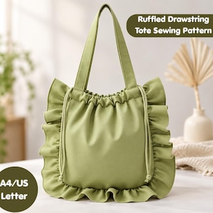 May include: A sage green tote bag featuring a ruffled drawstring closure and two shoulder straps. The text Ruffled Drawstring Tote Sewing Pattern and A4/US Letter are visible on the image, indicating a digital sewing pattern for this bag.