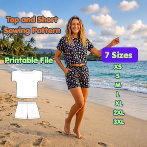 May include: A sewing pattern for a top and shorts set, featuring a printable file. The design includes a short-sleeved top and elastic-waist shorts with pockets. The pattern is available in 7 sizes, ranging from XS to 3XL, as indicated by the text.