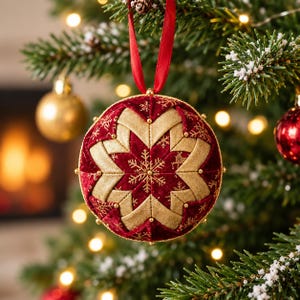 Puede incluir: Un adorno navideño esférico de tela con un patrón acolchado de terciopelo rojo intenso y tela dorada metalizada. El diseño incluye copos de nieve y motivos de renos bordados en oro, acentuados con pequeñas cuentas doradas y una cinta roja.