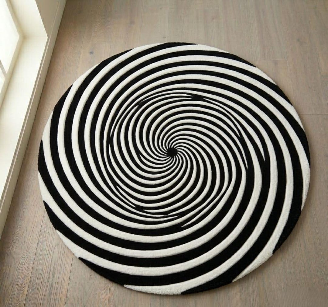 Hand-tufted Wool Spiral Rug, Black and White Optical Illusion Round ...
