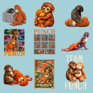 Puede incluir: Una colección de ilustraciones de dibujos animados con monos. Las imágenes muestran monos abrazándose, jugando y posando. Algunas imágenes tienen la palabra "PUNCH" o "TEAM PUNCH" en una fuente estilizada. El fondo es de color azul claro.