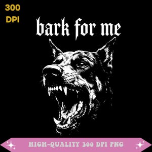 Puede incluir: Una ilustración gráfica en blanco y negro de un perro gruñendo con la boca abierta, mostrando dientes afilados. Sobre el perro, el texto "bark for me" aparece en una fuente estilizada sobre un fondo de color negro sólido.