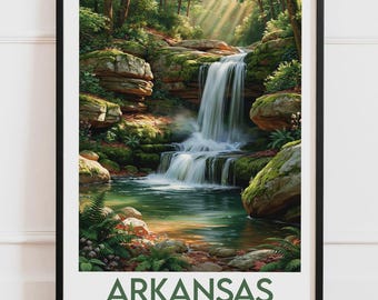Plakat Arkansas, USA | Wodospad, las, skały, mech, paprocie | Plakat podróżniczy, ilustracja przyrodnicza