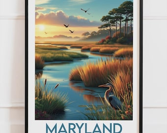 Maryland USA-affisch, träsk vid solnedgången-affisch, väggdekoration i amerikansk natur