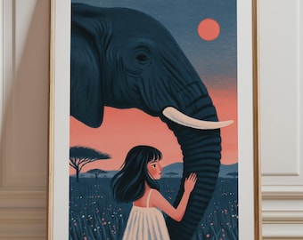 Girl and Elephant Print, African Sunset Safari Wall Art, Whimsical Savanna Illustration Unframed
