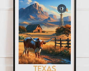 Texas USA-affisch, Ranch och Longhorn-affisch, amerikansk västerländsk väggdekoration