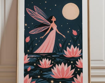 Fairy Moon Print, Magical Girl Water Lily Pond Wall Art, Whimsical Night Fantasy Illustration Unframed
