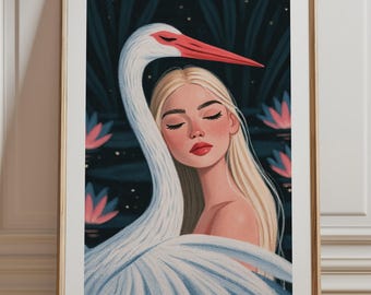 Girl and Heron Print, White Heron Water Lily Wall Art, Whimsical Night Illustration Unframed
