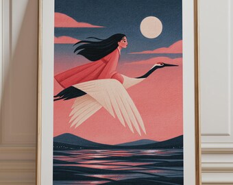 Girl Riding Crane Print, Japanese Crane Full Moon Wall Art, Whimsical Sunset Illustration Unframed