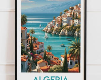 Plakat Algieria | Zatoka Śródziemnomorska, żaglówki, wille, palmy, ochrowe dachy | Plakat podróżniczy, ilustracja natury