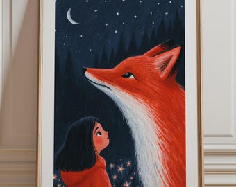 Girl and Fox Night Sky Print, Whimsical Forest Wall Art, Fantasy Moon Nursery Decor, Dreamy Storybook Illustration, Kids Room Print