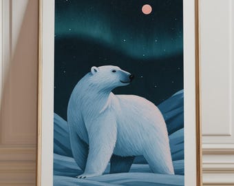 Polar Bear Aurora Print, Northern Lights Night Sky Wall Art, Whimsical Arctic Illustration Unframed