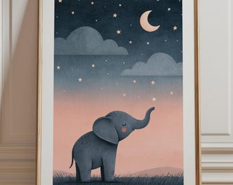 Baby Elephant Moon Print, Starry Night Nursery Wall Art, Whimsical Kids Room Illustration Unframed
