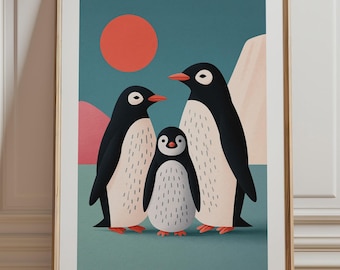 Penguin Family Print, Minimalist Nursery Wall Art, Modern Arctic Animal Illustration Unframed