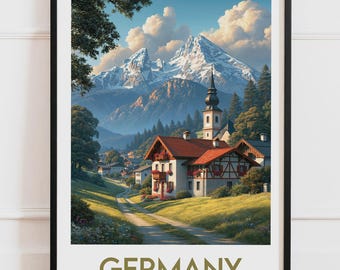 Plakat Niemcy Bawaria | Wieś Alpy Kościół Domy z muru pruskiego Kwiaty Góry | Plakat podróżniczy Natura Ilustracja