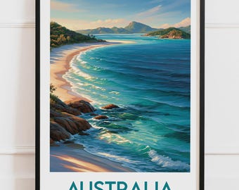Plakat Whitsundays Australia | Tropikalna plaża, turkusowy ocean, wyspy Queensland | Plakat podróżniczy, ilustracja natury