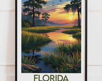 Florida USA-affisch, Everglades vid solnedgången-affisch, tropisk naturväggdekoration