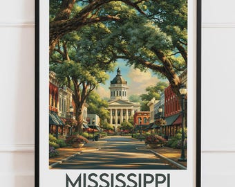 Mississippi Oxford USA Print | Courthouse Square Oak Trees Flowered Street | Travel Poster City Wall Art Illustration