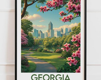 Georgia Atlanta USA Print | Park Pink Flowers Skyline Spring Azaleas | Travel Poster City Wall Art Illustration