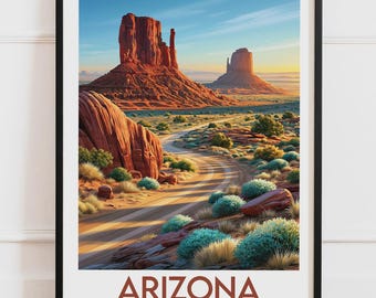 Plakat Arizona, USA | Droga przez pustynię Monument Valley Red Buttes | Plakat podróżniczy Ilustracja natury