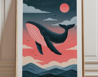 Flying Whale Print, Sunset Mountain Sky Wall Art, Whimsical Nursery Illustration Unframed