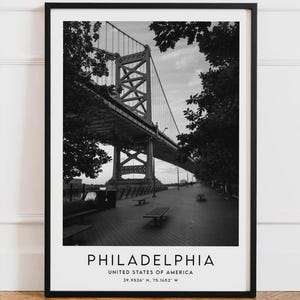 Svartvit poster från Philadelphia, poster från Benjamin Franklin-bron, väggdekoration från en amerikansk stad