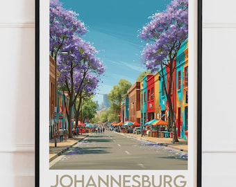 Plakat z Johannesburga w RPA | Kolorowa ulica Jacarandas, targ Maboneng | Plakat podróżniczy, ilustracja natury