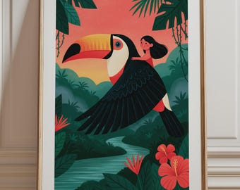 Girl Riding Toucan Print, Tropical Jungle Sunset Wall Art, Whimsical Rainforest Illustration Unframed