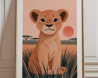 Baby Lion Cub Print, Savanna Sunset Nursery Wall Art, Cute Safari Animal Illustration, Kids Room Decor